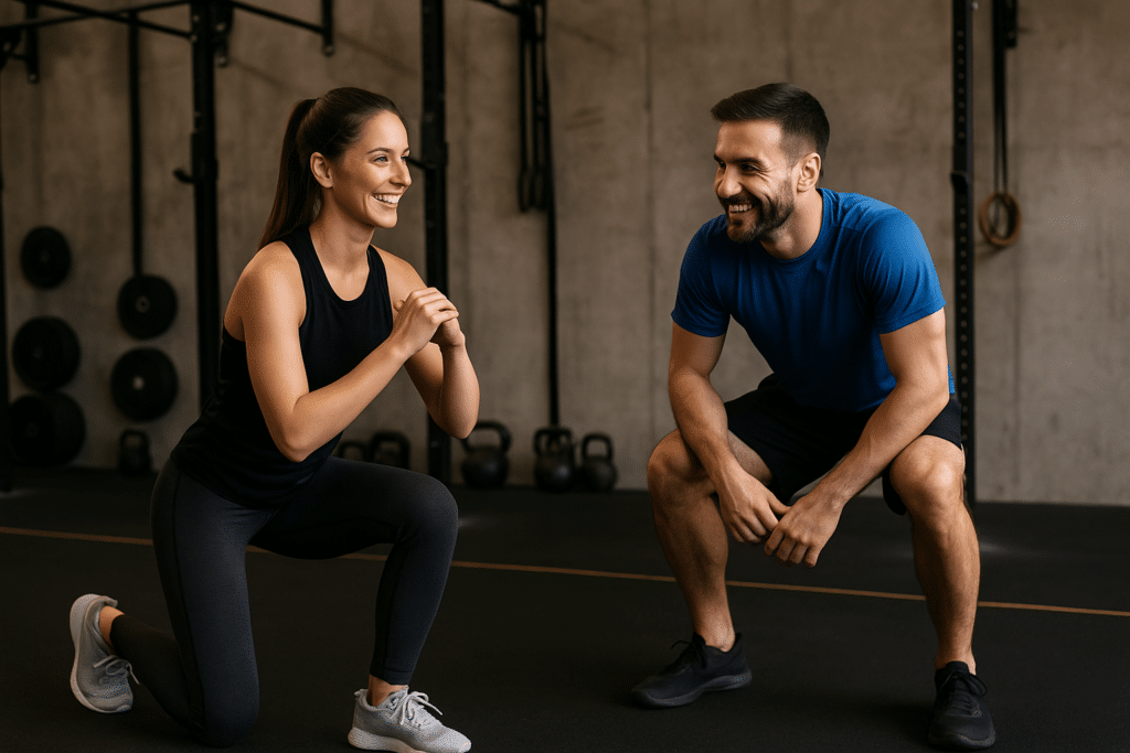 Deux sportifs en pleine séance d'entraînement dans une salle de sport à Oloron, ambiance conviviale et motivante
