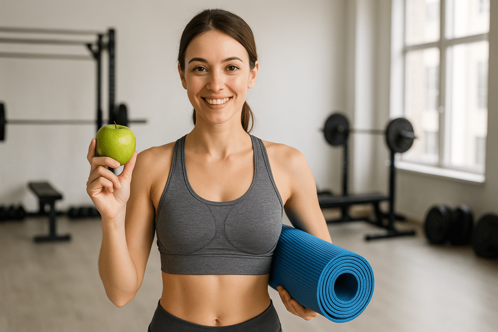 Femme sportive tenant une pomme et un tapis de yoga dans une salle de sport à Oloron, symbole d'un mode de vie sain et équilibré